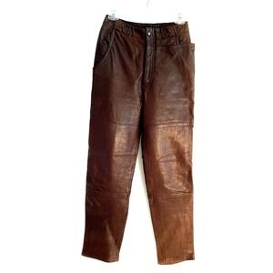 Vintage TW2 Leather Pants Womens 26x28.5 Brown Zip/Snap Tapered Leg Biker 90's